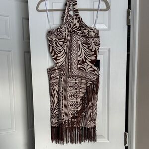 Lulu's Brown and Cream Fringe Cutout Halter Dress